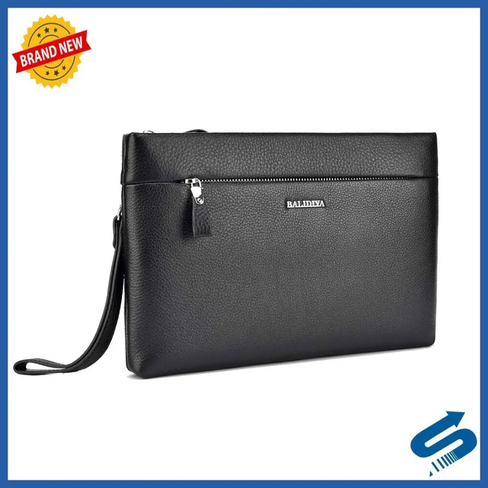 Genuine Leather Men's Clutch Bag with Wrist Strap Large Capacity Business Purse